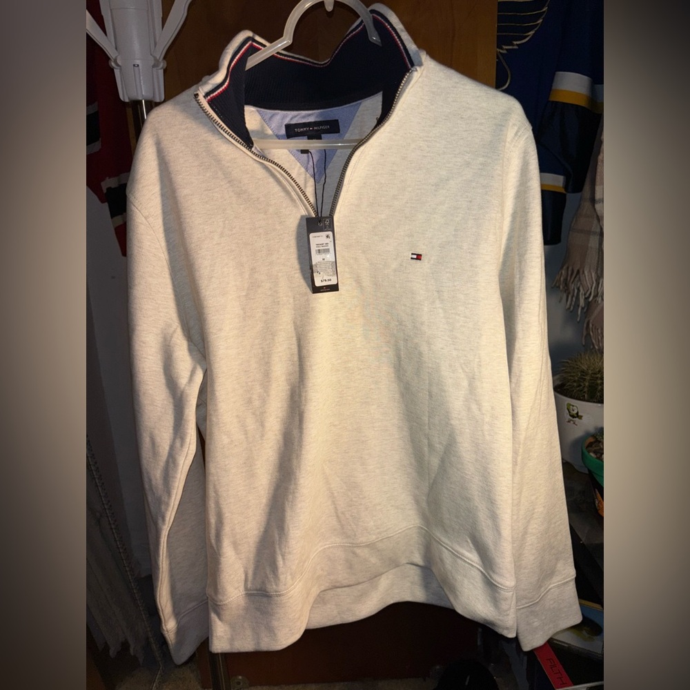 Tommy Hilfiger Men's Off-White Quarter Zip-Up Sweater